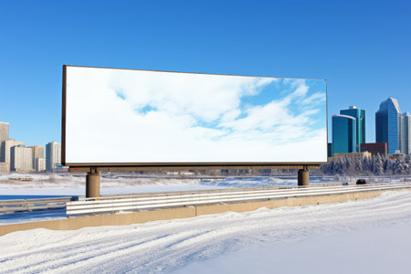 Cityscape with blank street billboard poster stand on bright winter day in urban settingの素材