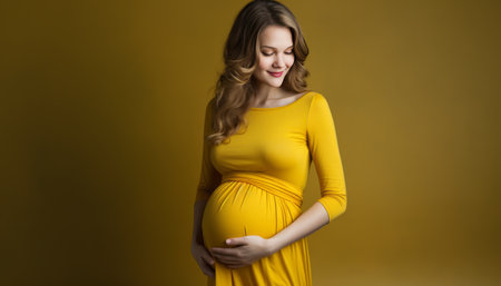 Radiant and joyful expectations beautiful pregnant woman smiling at her growing baby bumpの素材