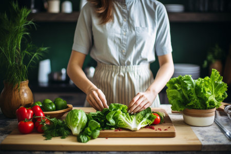 Unrecognizable young woman cooking healthy food in kitchen for dieting concept and healthy lifestyleの素材