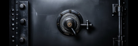 Front view of closed door on old security safe box for bank vault background or wallpaper.の素材