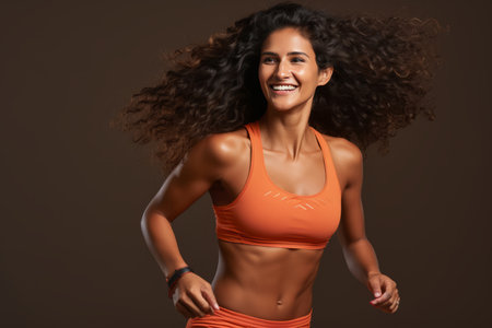 Fitness woman engaged in running and strength training in studio on solid color backgroundの素材