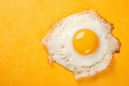 Delicious fried egg with golden yolk, isolated on vibrant yellow background, top view perspectiveの素材