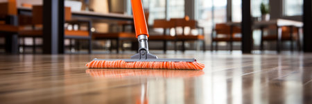 Office floor cleaning service with unrecognizable person, wide shot, blurred backgroundの素材