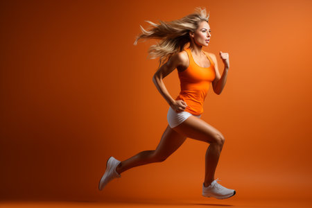Fitness woman doing running and strength training in studio on solid color backgroundの素材