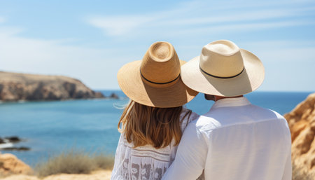 Blissful unrecognizable couple embracing the beauty of a bright summer day at the beachの素材