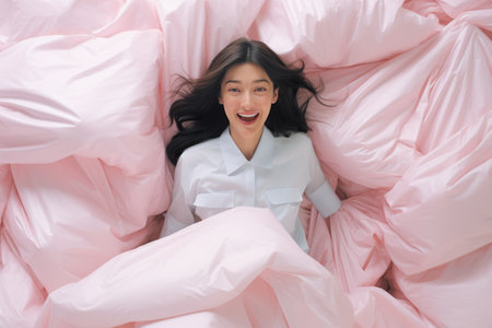 Joyful woman jumping and twirling with fabric in studio on pastel solid color backgroundの素材