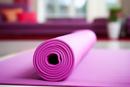 Active woman meditating on exercise mat in living room for morning yoga banner backgroundの素材