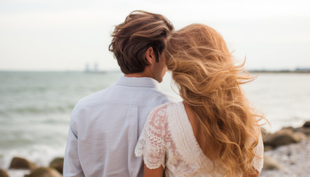 Unrecognizable couple, seen from behind, delighting in a serene and sunlit summer day at the beachの素材