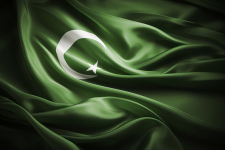 Pakistan independence day celebration   waving flag with fabric texture, copy space availableの素材