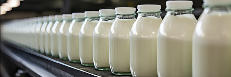Automated milk and yoghurt filling process with state of the art equipment at a modern dairy plantの素材