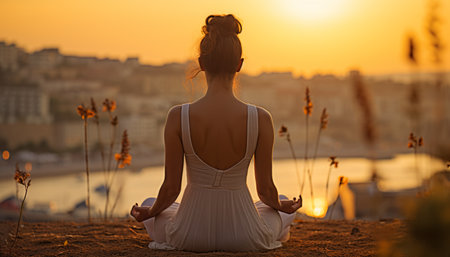 Serene woman engaging in mindful yoga practice on beautiful seashore with captivating ocean viewの素材