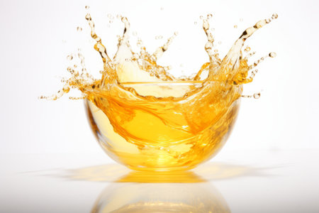 Vibrant and delicious single splash of honey suspended in mid air isolated on white backgroundの素材