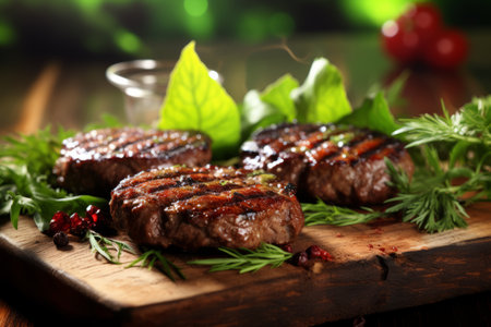 Juicy grilled meat burger patty on wooden board, bursting with flavor and satisfactionの素材