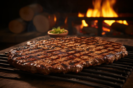 Succulent grilled meat burger patty with melted cheese and fresh toppings on a rustic wooden boardの素材