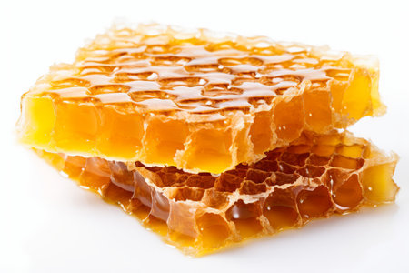 Delicious golden honey and intricately crafted honeycomb isolated on a clean white backgroundの素材