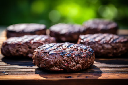 Succulent grilled beef burger patty with melted cheese and fresh toppings on a rustic wooden boardの素材