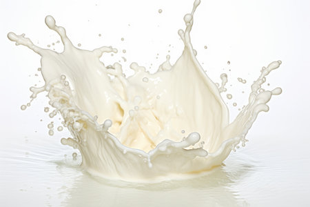 Captivating single milk splash suspended in midair, isolated on pristine white backgroundの素材