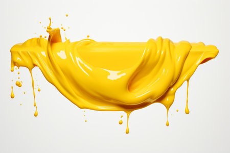 Vibrant yellow mustard sauce splashing in the air, isolated on a clean white backgroundの素材