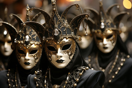 Extravagant masquerade ball at venice carnival with ornate masks and opulent costumesの素材