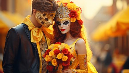 extravagant masquerade ball at venice carnival with elaborate masks and colorful costumesの素材