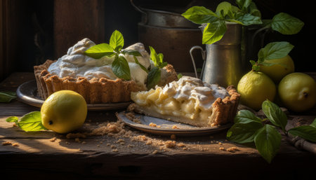 Delectable lemon pie with zesty citrus filling on a charmingly rustic wooden table backgroundの素材