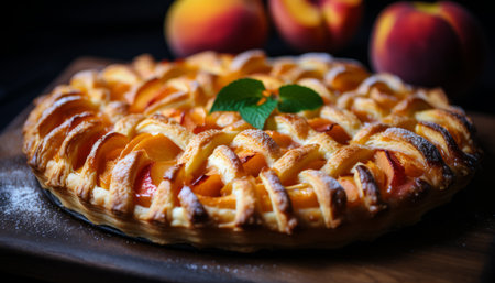 Scrumptious homemade peach pie with fresh ripe peaches on a charming rustic wooden backgroundの素材