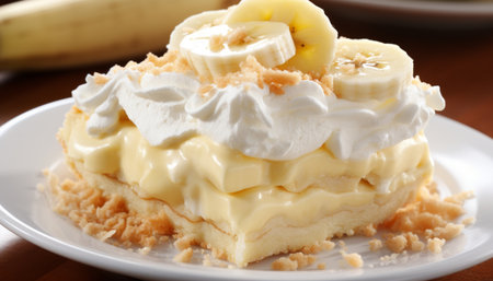 Scrumptious banana cream pie with a delectable filling on a charming rustic backgroundの素材