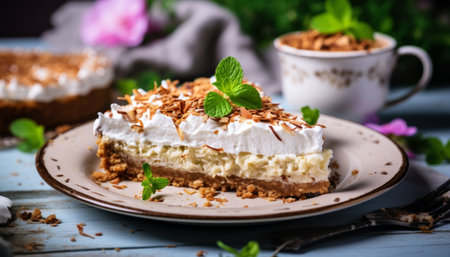 Scrumptious coconut cream pie with a velvety filling on a charming rustic wooden backgroundの素材
