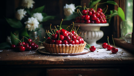 Delicious homemade cherry pie on a rustic wooden background, with a touch of sweetness and nostalgiaの素材