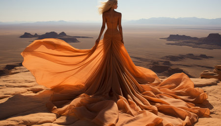 Stunning fashion model in tight long dress gracefully poses in desert sands on sunny dayの素材