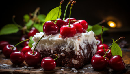 Homemade cherry pie with fresh red cherries on rustic wooden background, ideal for baking conceptsの素材
