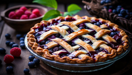 Homemade blueberry pie on rustic wooden background, a delightful treat for any occasionの素材
