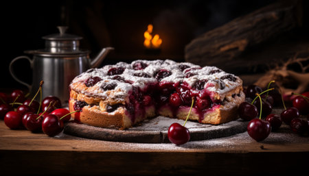 Delectable homemade cherry pie with fresh cherries on a charming rustic wooden backgroundの素材