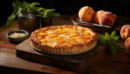 Scrumptious peach pie with juicy peaches and golden crust on rustic wooden backgroundの素材