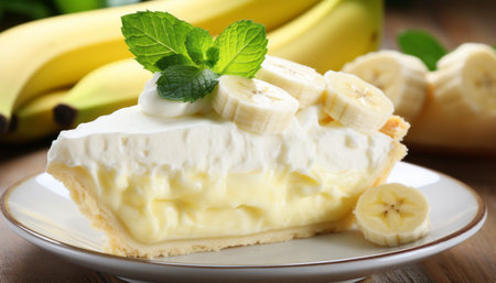 Homemade banana cream pie with ripe bananas and creamy filling on a rustic wooden backgroundの素材