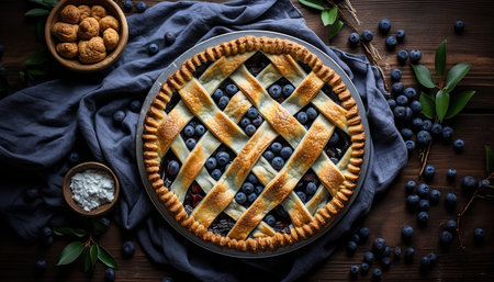 Delectable blueberry pie with fresh juicy berries on a delightful rustic wooden backgroundの素材
