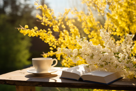 Relaxing in the tranquil spring atmosphere white coffee cup and book on a delightful dayの素材