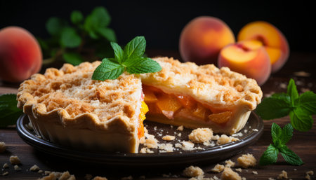 Delicious homemade peach pie with fresh ripe peaches served on a rustic wooden table backgroundの素材