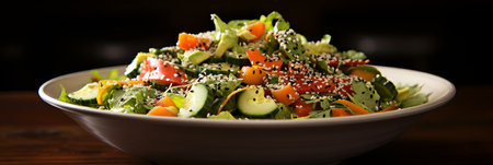 Delicious and nutritious salad on a white plate with ample space on the left for text placementの素材