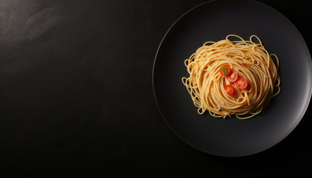 Italian spaghetti pasta on dark plate with empty space for text, top view perspectiveの素材