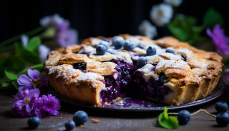 Scrumptious blueberry pie with fresh blueberries on a charming rustic wooden backgroundの素材