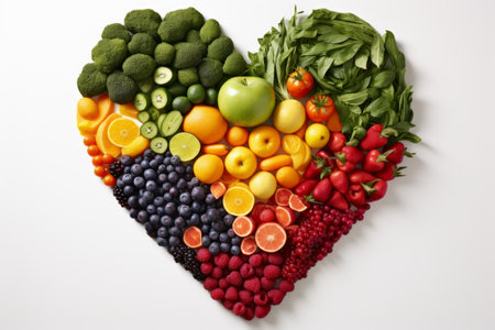 Fresh and healthy heart shaped fruit and vegetable arrangement on white background, top viewの素材