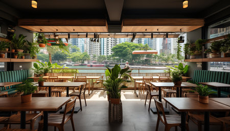 Stylish and inviting empty modern cafe restaurant with large panoramic windows offering scenic viewsの素材