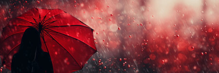 Fashionable woman with red umbrella in rain, ideal copy space for your message or designの素材