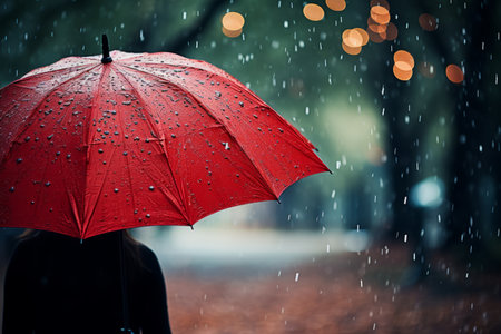 Elegant woman with red umbrella in rainy weather, perfect for showcasing text or design elementsの素材