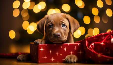 Adorable labrador puppy in gift box with festive holiday backdrop and copy space for text placementの素材