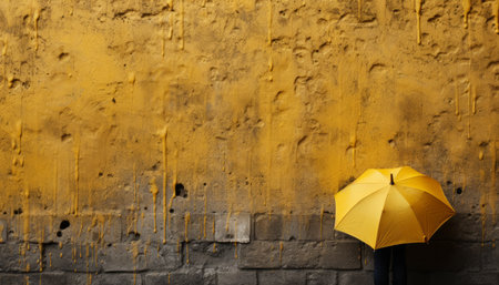 Stylish young woman with a yellow umbrella enjoying the rain with ample space for copyの素材