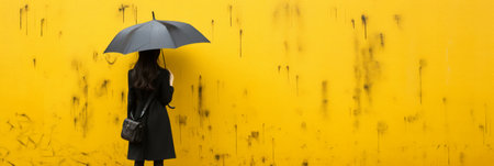 Stylish young woman with a vibrant yellow umbrella enjoying the rain with ample copy spaceの素材