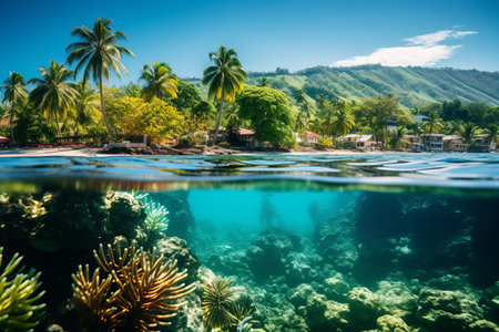 Vibrant underwater and overwater ecosystem with diverse sea life and a sunny summer beachの素材