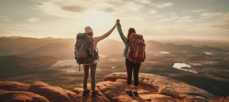 Asian couple hiking, supporting each other on mountain trail at sunrise, promoting active lifestyleの素材
